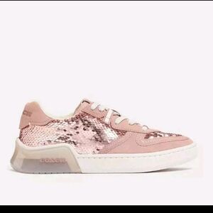 Coach Womens Pink Sequin Court Sneaker In Rose Gold 7.5
